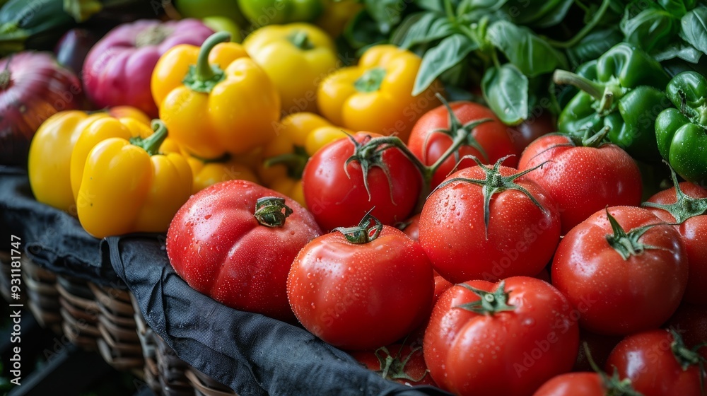 Freshly harvested tomatoes and bell peppers at a vibrant farmers market stall in the morning Freshly harvested tomatoes and bell peppers at a vibrant farmers market stall in the morning