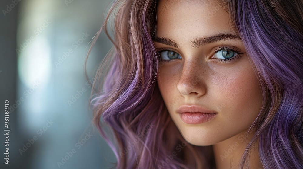 Close-up portrait of a woman with pastel lavender hair and soft gaze Close-up portrait of a woman with pastel lavender hair and soft gaze