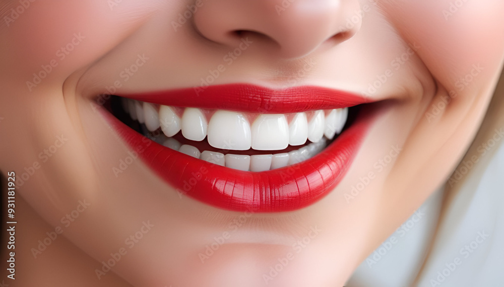 A close-up of a young woman's face with bright red lipstick on her full lips, showing her perfect white teeth in a wide smile A close-up of a young woman's face with bright red lipstick on her full lips, showing her perfect white teeth in a wide smile