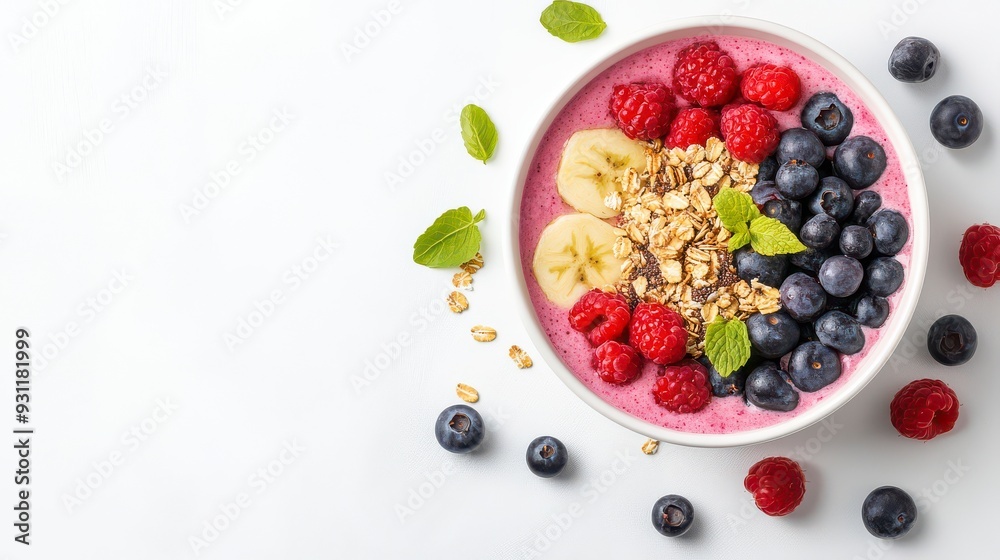 Delicious smoothie bowl topped with fresh banana, raspberries, blueberries, and granola on a white background. Delicious smoothie bowl topped with fresh banana, raspberries, blueberries, and granola on a white background.