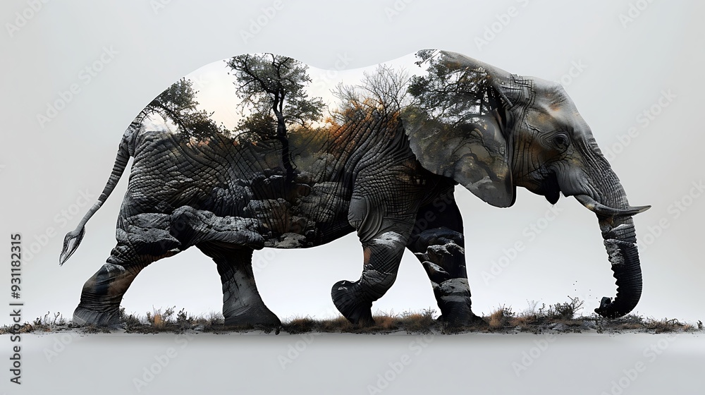 Fototapeta premium A double exposure of an elephant walking majestically, its massive form blending with the expansive African plains and a glowing sunset sky, all set against a stark white background.