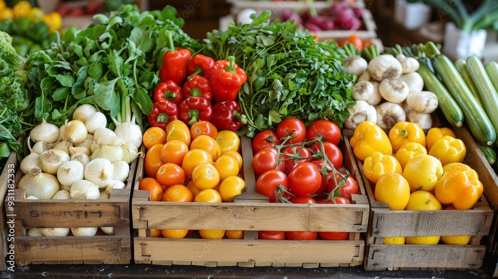 Fresh vegetables on display at a local market with vibrant colors and variety Fresh vegetables on display at a local market with vibrant colors and variety