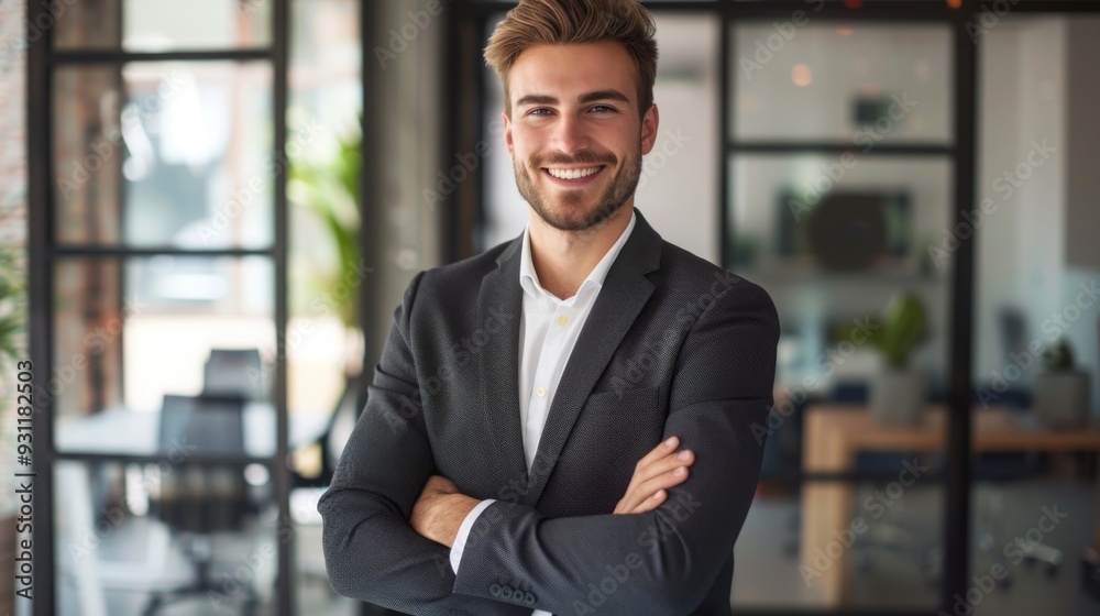 Smiling handsome businessman with crossed arms in modern office, young man exuding confidence, business success concept. Smiling handsome businessman with crossed arms in modern office, young man exuding confidence, business success concept.