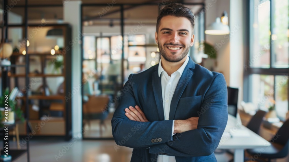 Smiling handsome businessman with crossed arms in modern office, young man exuding confidence, business success concept. Smiling handsome businessman with crossed arms in modern office, young man exuding confidence, business success concept.