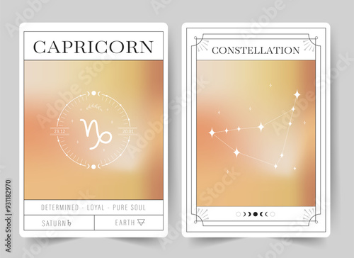 Capricorn. Witchcraft cards with astrology zodiac sign and constellation. Modern gradient blurred astrology posters in Y2k style. Perfect for tarot readers and astrologers. Vector illustration.