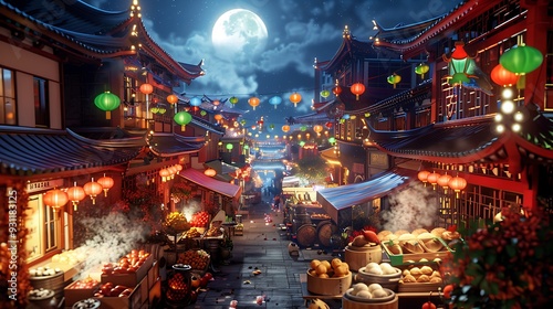 A bustling Chinatown street with colorful lanterns strung across narrow alleyways, traditional red pagoda roofs, and vendors selling steaming dumplings and exotic fruits under a moonlit sky.