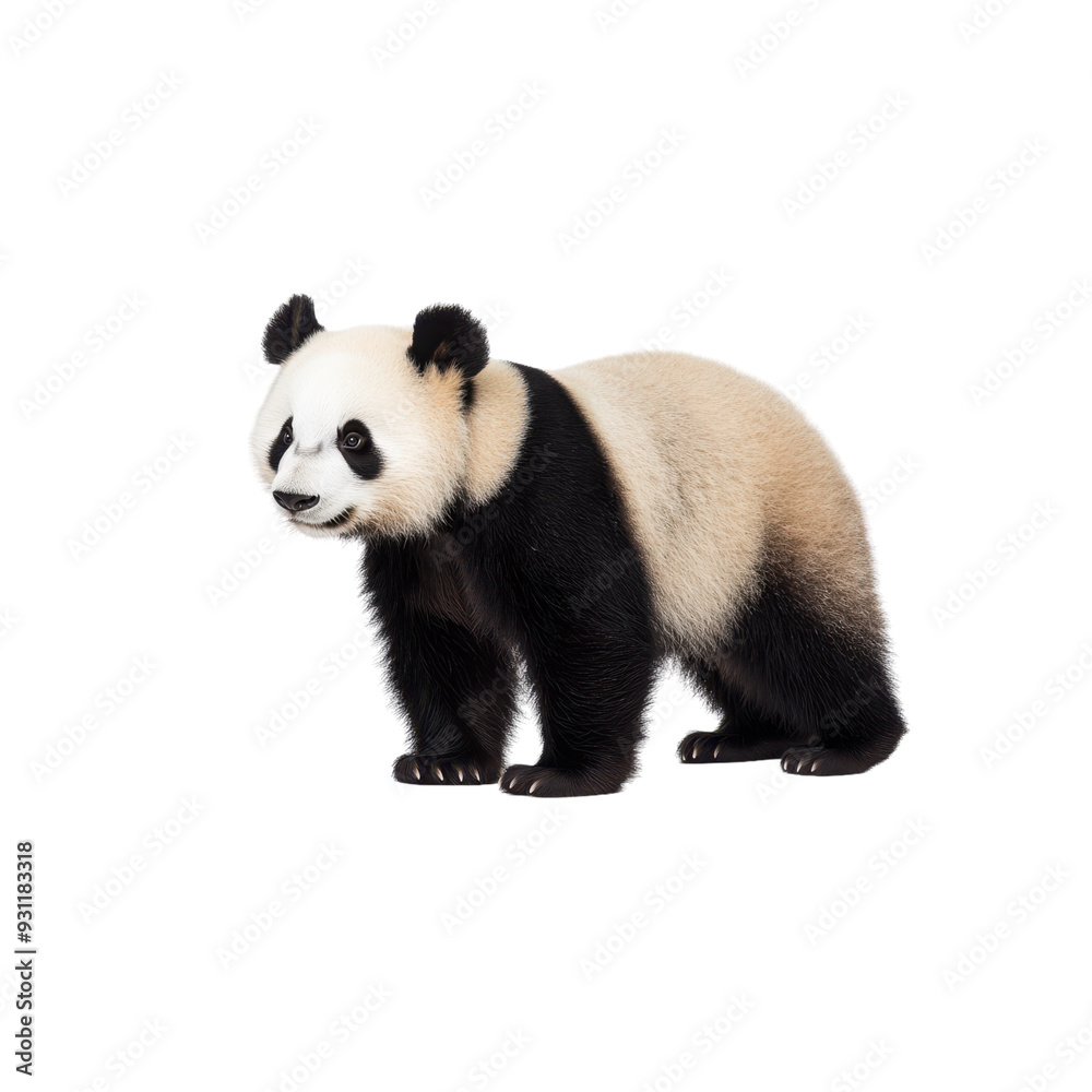 Fototapeta premium Adorable panda cub standing, representing wildlife conservation and cute animal themes, perfect for educational and animal-related content, isolated on transparent background