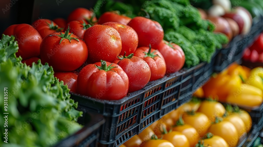 Fresh tomatoes and greens stacked in baskets at an outdoor farmers market in the afternoon Fresh tomatoes and greens stacked in baskets at an outdoor farmers market in the afternoon