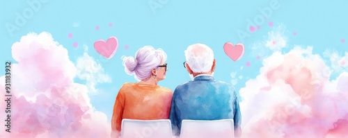 Elderly couple planning retirement, digital financial tools, national pension fund, watercolor style