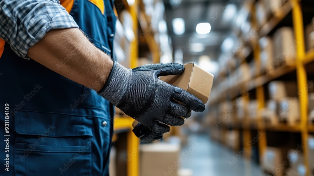 Worker using AR gloves to interact with IoT devices in warehouse. Worker using AR gloves to interact with IoT devices in warehouse.