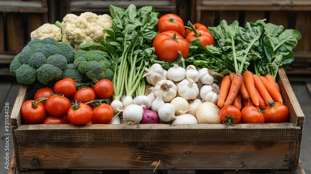 Fresh vegetables for sale in a rustic wooden crate at a farmers market during midday Fresh vegetables for sale in a rustic wooden crate at a farmers market during midday