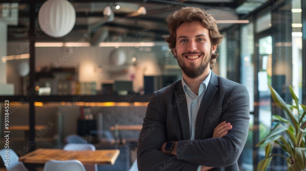 Smiling handsome businessman with crossed arms in modern office, young man exuding confidence, business success concept. Smiling handsome businessman with crossed arms in modern office, young man exuding confidence, business success concept.