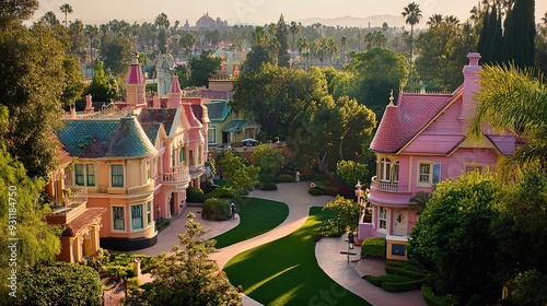 Top View of a Charming Pink Houses in a Disneyland-Themed Town with Lush Lawns and a Very Distant View of the Surroundings. Enchanting and Whimsical Scene Capturing the Fantasy 