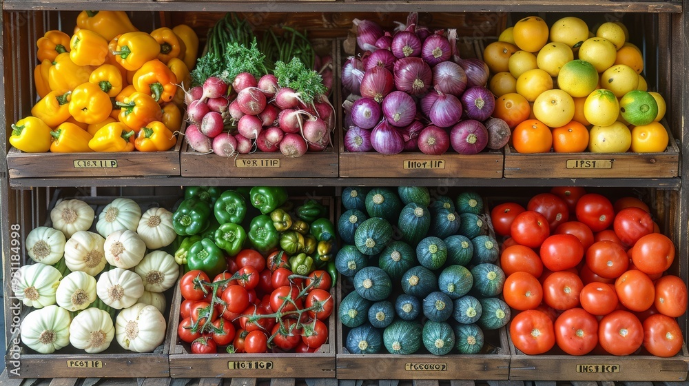 Colorful display of fresh vegetables and fruits in wooden crates at a market Colorful display of fresh vegetables and fruits in wooden crates at a market
