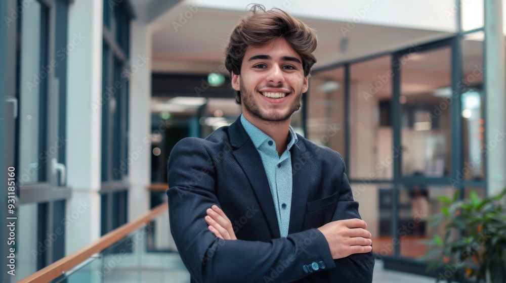 Smiling handsome businessman with crossed arms in modern office, young man exuding confidence, business success concept. Smiling handsome businessman with crossed arms in modern office, young man exuding confidence, business success concept.