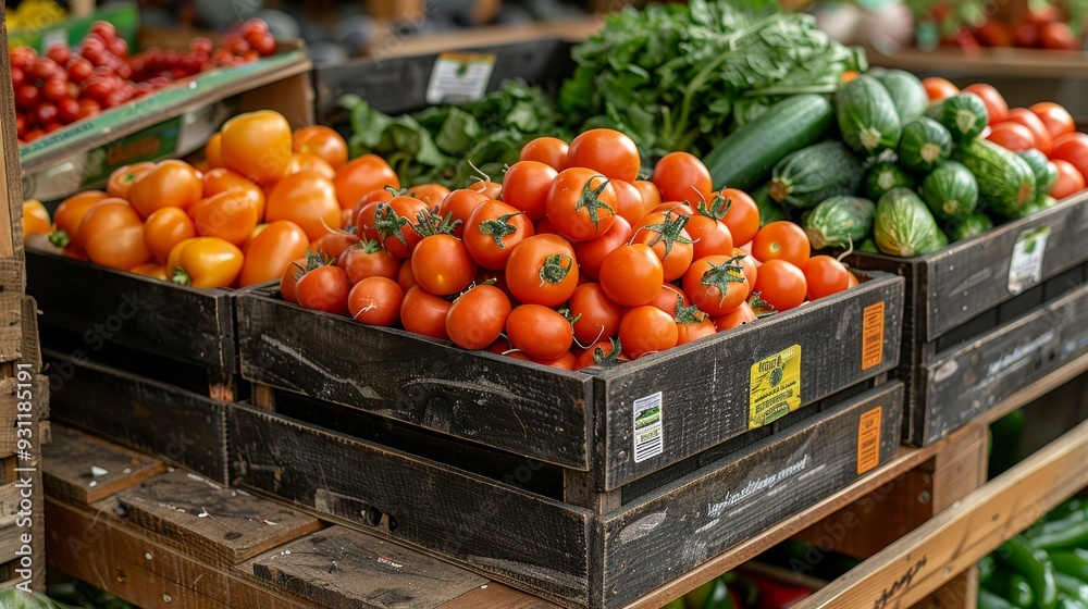 Freshly harvested tomatoes and vegetables displayed in wooden crates at a local market during daylight Freshly harvested tomatoes and vegetables displayed in wooden crates at a local market during daylight