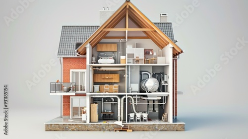 A cutaway view of a house showing the internal plumbing system, including pipes, drains, and fixtures, symbolizing the infrastructure of home plumbing. photo