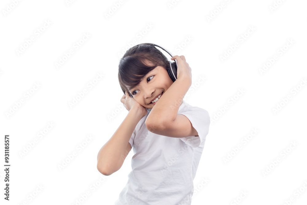 Cute Asian small child wearing headphones. Little girl listening to music. Isolated on white background with clipping path. Cute Asian small child wearing headphones. Little girl listening to music. Isolated on white background with clipping path.