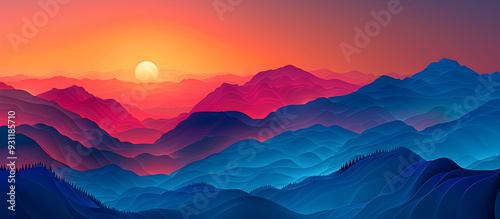 Colorful Mountainous Landscape Silhouetted Against Vibrant Sunset Sky with Gradient Pastel Tones in Paper Art Style