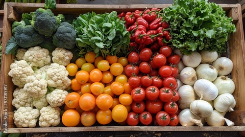 Fresh assortment of colorful vegetables arranged neatly in a wooden crate at a farmer's market in the morning