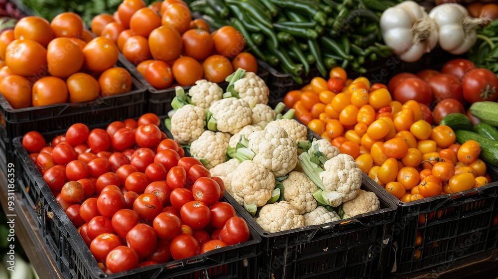 Fresh vegetables and fruits displayed at a local market in bright daylight Fresh vegetables and fruits displayed at a local market in bright daylight