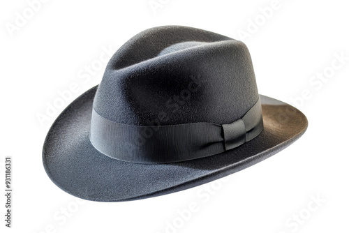 Black fedora hat with a ribbon isolated on transparent background.