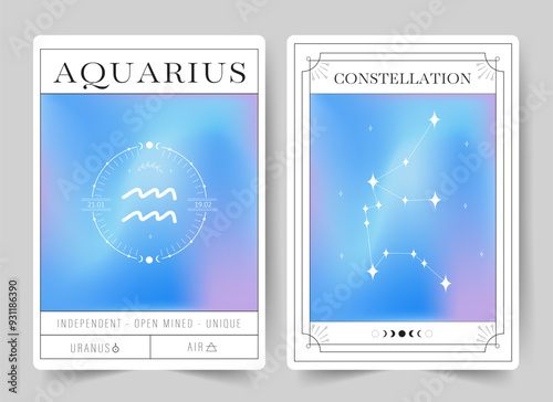 Aquarius. Witchcraft cards with astrology zodiac sign and constellation. Modern gradient blurred astrology posters in Y2k style. Perfect for tarot readers and astrologers. Vector illustration.