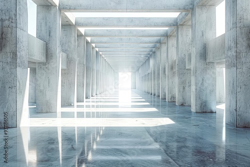 A long corridor with concrete pillars and reflective floors, bathed in natural light, Ideal for backgrounds, architectural portfolios, and design concepts,