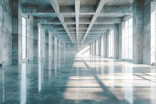 A spacious empty industrial interior with tall concrete beams, large windows, and reflective floors, Perfect for real estate, architecture, or renovation projects