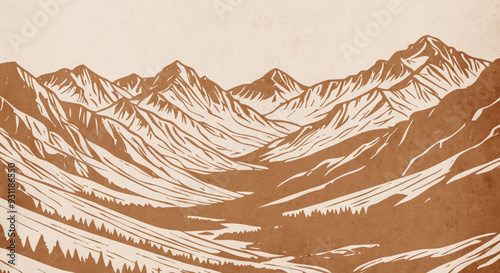 Mountain landscape. Vector graphics. Logo design for use in graphics. T-shirt print, tattoo design. Minimalist illustration for printing on wall decorations. Vintage grunge old .