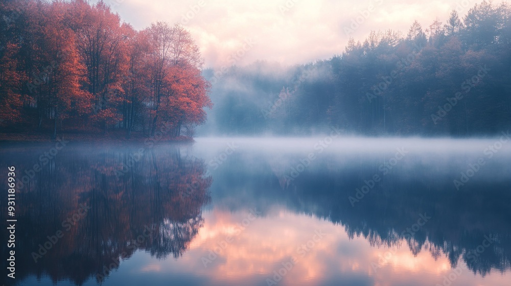 Misty Autumn Forest Reflected in Still Lake at Dawn Misty Autumn Forest Reflected in Still Lake at Dawn