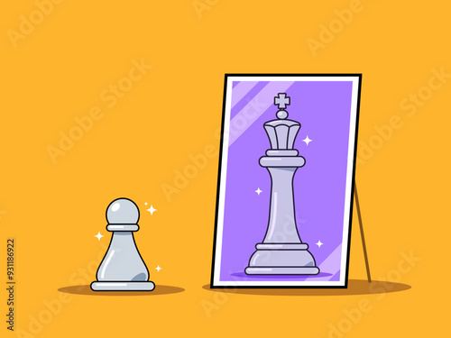 A pawn sees a king in the mirror. Isolated vector illustration.