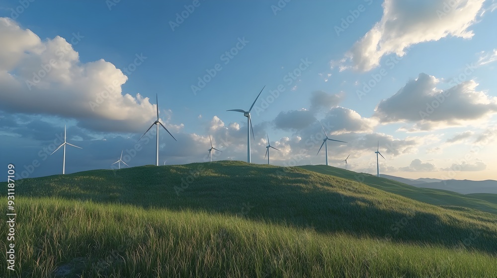 Scenic Landscape with Turning Wind Turbines on a Grassy Hill under Partly Cloudy Sky Scenic Landscape with Turning Wind Turbines on a Grassy Hill under Partly Cloudy Sky