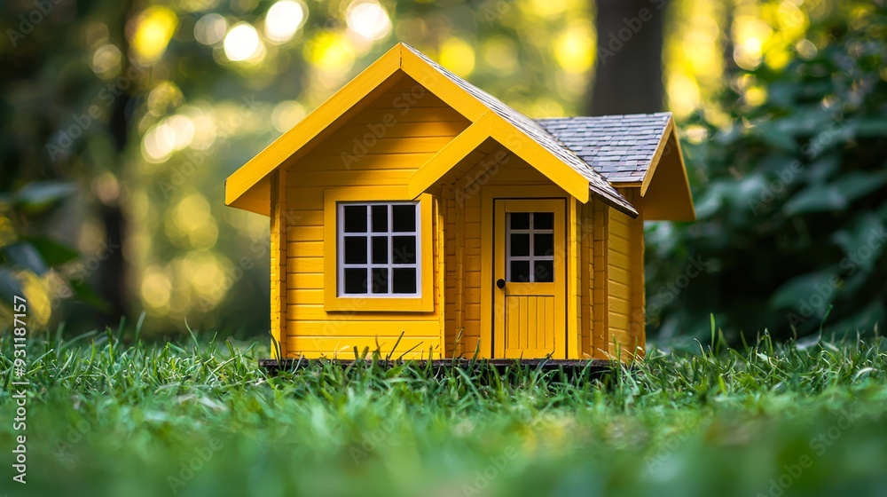 A bright yellow miniature house sits on lush green grass with a blurred forest background, ideal for concepts of home, real estate, or eco-friendly living,