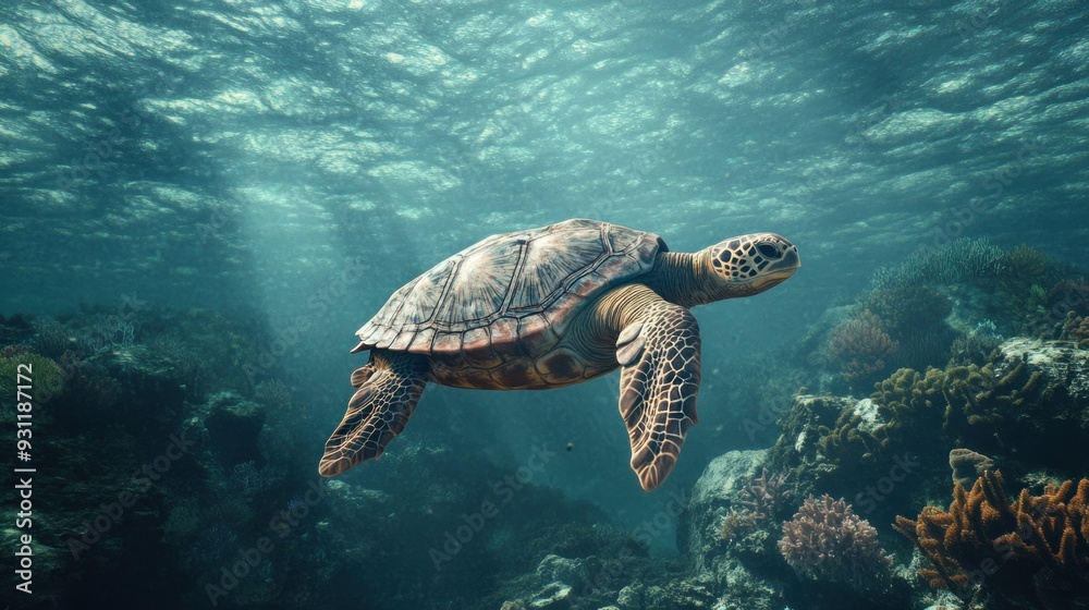 Fototapeta premium Sea Turtle Swimming in a Coral Reef