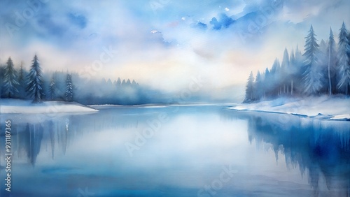 Calm Winter Lake Surrounded by Snowy Trees, Watercolor Winter Background