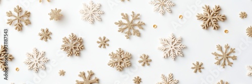 Elegant Golden Snowflake Seamless Pattern on White Background - Minimalist 3D Illustration for Holiday Designs and Invitations