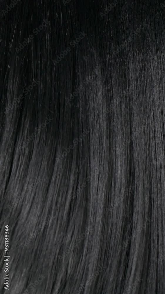 Vertical female long hair texture in slow motion, black straight hair background Vertical female long hair texture in slow motion, black straight hair background