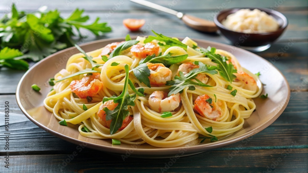 A plate of delicious Alio Olio pasta topped with shrimp and arugula, pasta, Italian, food, cuisine, shrimp, seafood, arugula