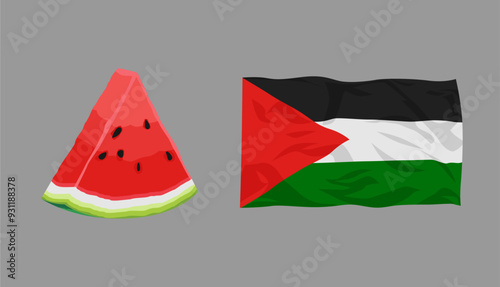 watermelon and palestine flag isolated on grey background