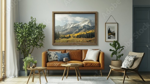 Living Room with Leather Sofa and Mountain Landscape Art