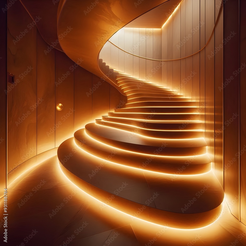 Obraz premium A winding staircase lit by a warm, golden glow.