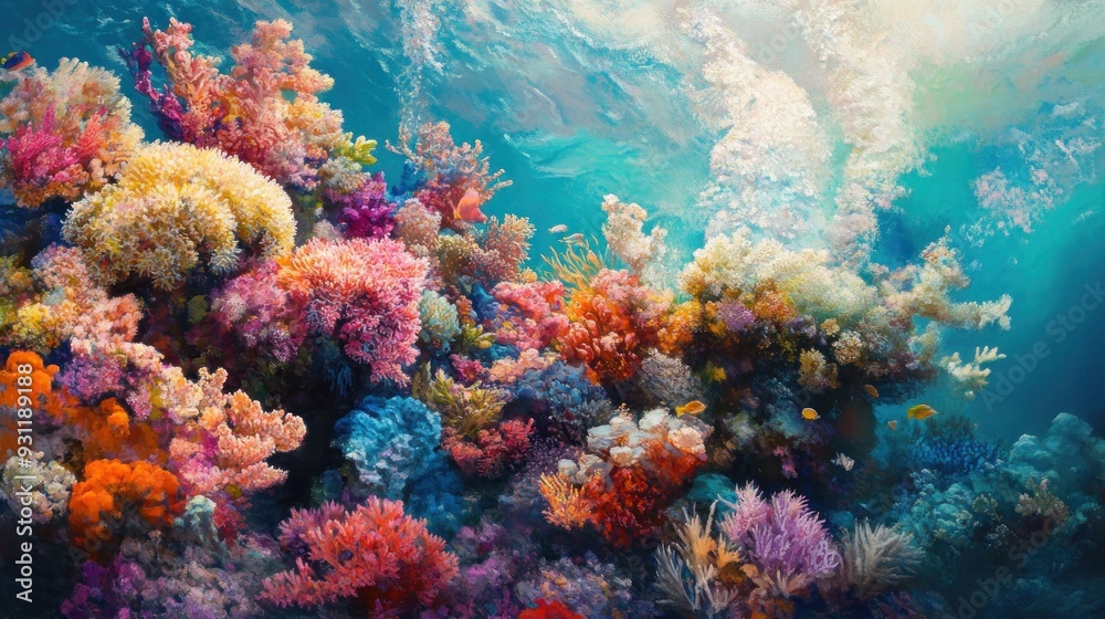 Fototapeta premium Vibrant Underwater Coral Reef Ecosystem with Fish