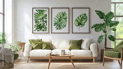 Modern Living Room with Green Monstera Leaf Art and Plants