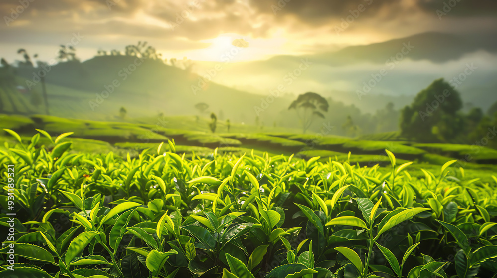 A tea plantation with green leaves and a sunrise in the background. A tea plantation with green leaves and a sunrise in the background.