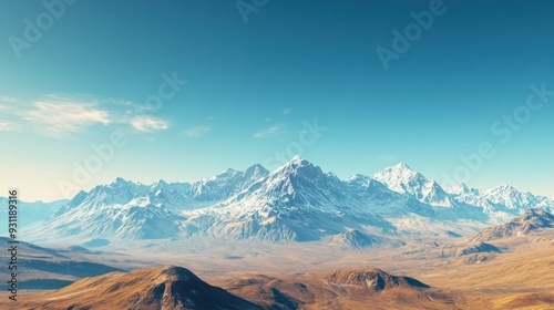 Snowy Mountain Range with Brown Grassland Foothills Under a Clear Blue Sky