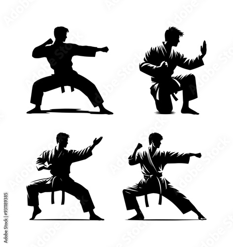 vector set of a man practicing karate silhouette icon