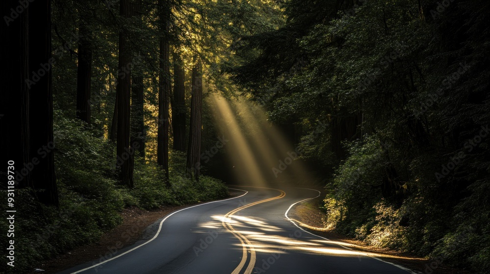 Fototapeta premium Sunlight Through Trees on Winding Road