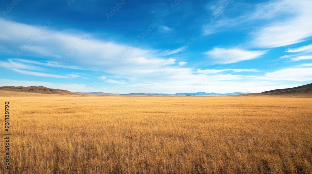 Vast Expanse of Golden Grassland under a Blue Sky Vast Expanse of Golden Grassland under a Blue Sky