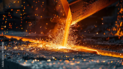 Detailed view of a blast furnace, with molten metal pouring out and sparks flying in all directions photo